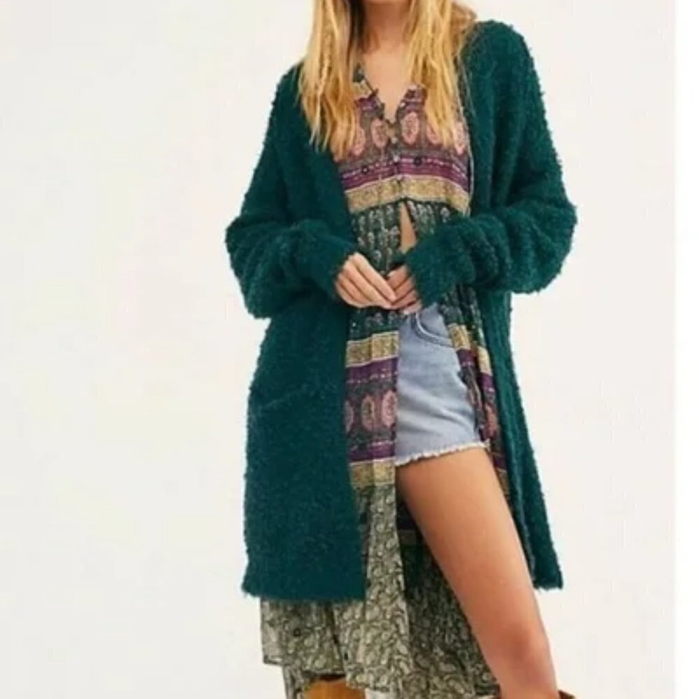 FP Free People Once In A Lifetime Cardigan Size S Frayed Green Longline Sweater